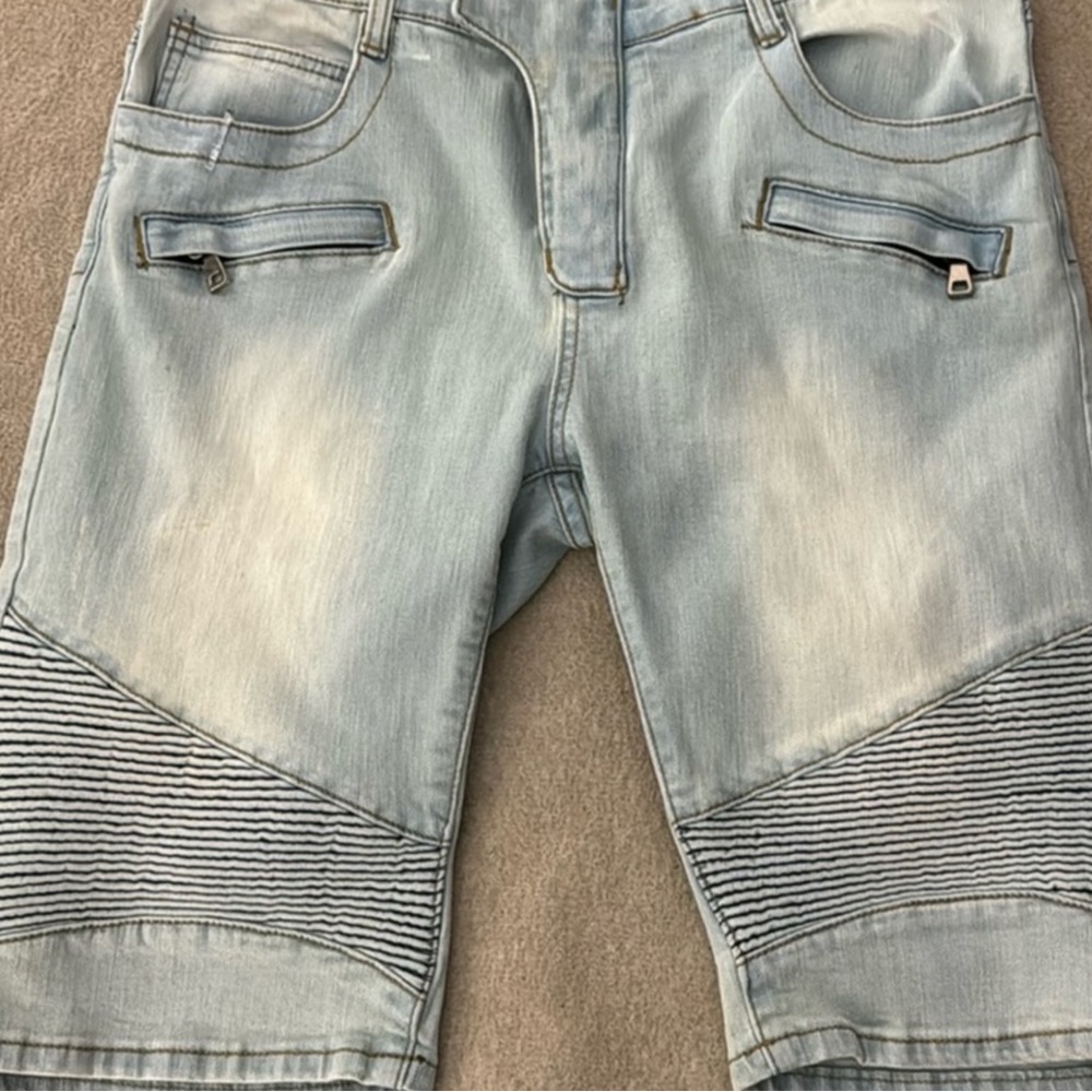 Balmain Light Blue Jean Shorts with Zip Details